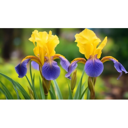 Желто-фиолетовые ирисы на фоне зелени - СОЛНЕЧНЫЙ ЛУЧИК