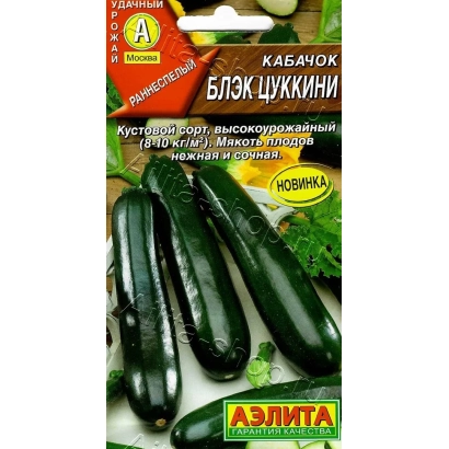 Пакет насіння кабачка БЛЭК ЦУККИНИ з зображенням темно-зелених плодів - БЛЕК ЦУКІНІ