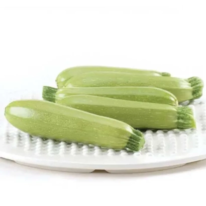 Three green zucchini on a white plate - CORDELIA
