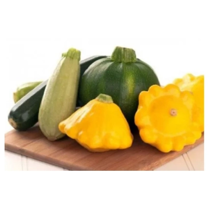 Squash and zucchini of various colors on a wooden board - Patricia