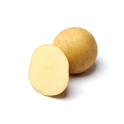 Два картоплі: один цілий, інший розрізаний навпіл, на білому фоні. - БІРСЬКИЙ