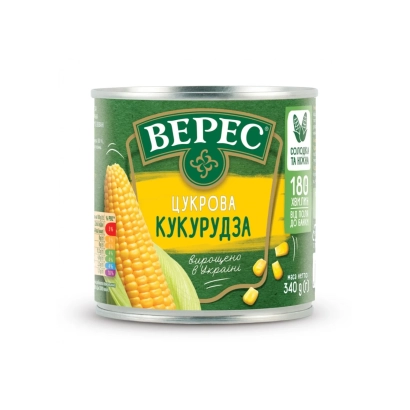 Консервированная кукуруза в банке с этикеткой «ВЕРЕС КУКУРУДЗА» - ЦНА 1124