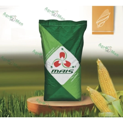 Bag of corn seeds Mais on a wooden stand against a grass background - DMC Orlan