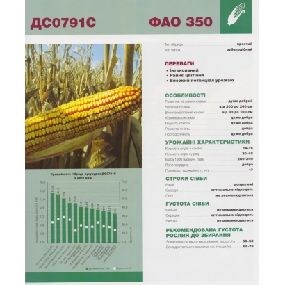 Пакет семян кукурузы ДС0791С с фото початка и таблицей характеристик