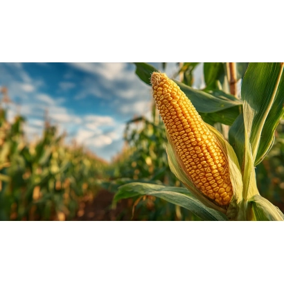 Золотой початок кукурузы на фоне зелёных листьев и голубого неба - ЕГ 2039