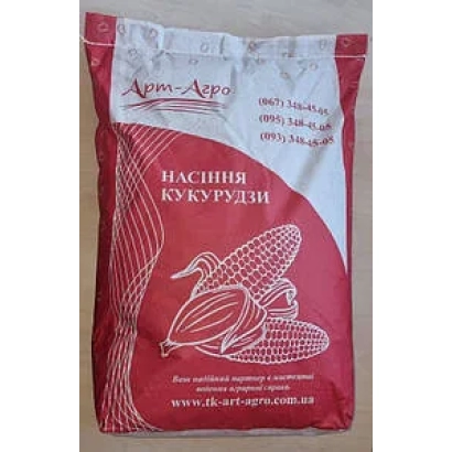 Красный мешок с семенами кукурузы, на котором изображены початки и надпись «Насіння кукурудзи» - И 4545