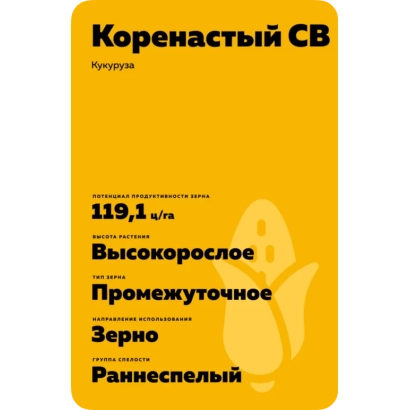 Семечный пакет с названием КОРЕНАСТЫЙ СВ и характеристикой Кукуруза