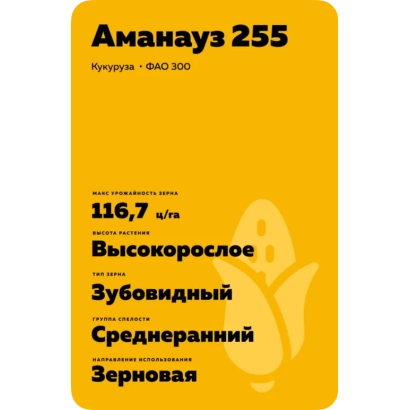 Пакет семян кукурузы Аманауз 255, зерновая, среднеранний, высокоурожайный - Л 255 75 5