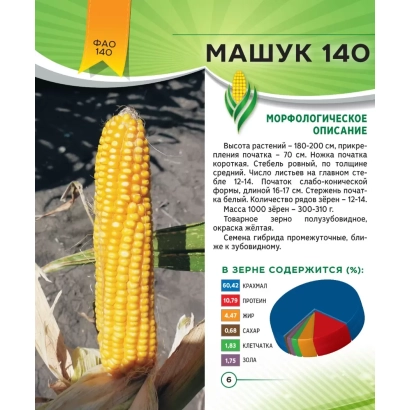Пакет семян кукурузы МАШУК 140 с описанием сорта и диаграммой содержания зерен