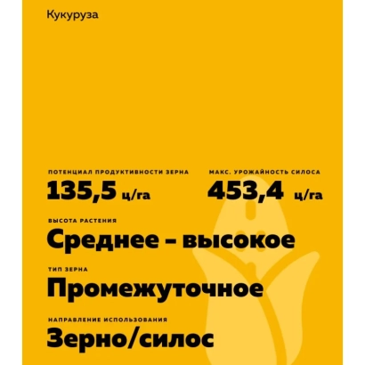 Желтый пакет с надписью 'Кукуруза' и характеристиками сорта: 135,5 г/га, 453,4 г/га, среднее-высокое, промежуточное, зерно/силос. - П 8329