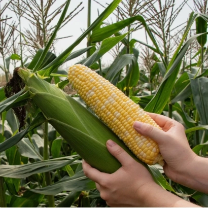 Ручка держит початок кукурузы Р 16089 на фоне поля