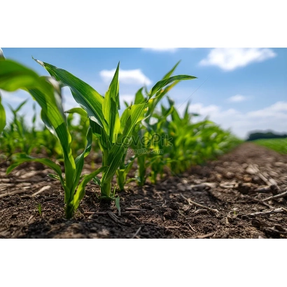 Ряды молодых растений кукурузы на поле под голубым небом - Т 0496 З