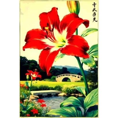 Червона лілія на фоні пейзажу з мостом та водою, назва китайською — 千岁华天 - МАЛИНОВЕ ОЗЕРО