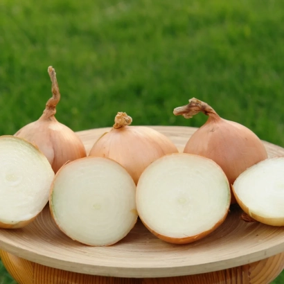 Sliced onion bulbs on a wooden plate against a grass background - Candy F1