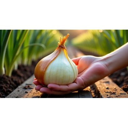Рука держит луковицу сорта Новатор на фоне грядки с луком