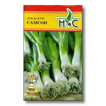 Пакет семян лука Самсон с изображением зеленых перьев