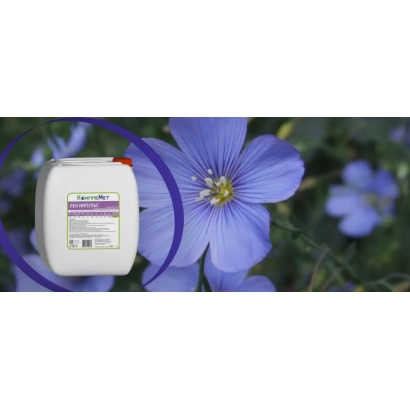 Белая канистра с этикеткой «Импульс» на фоне синих льняных цветов