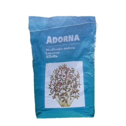 Blue seed bag of Adorna lucerne with plant illustration