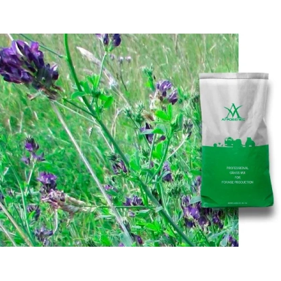 Pack of lucerne seeds against a flowering plant background - Verko