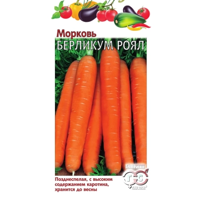 Seed packet of carrot Berlikum Royal with image of orange root vegetables