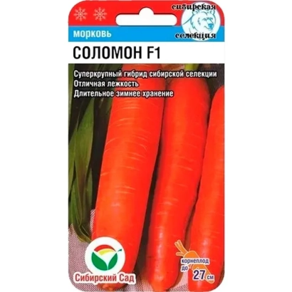 Seed packet of carrot Solomon F1 with image of root vegetables