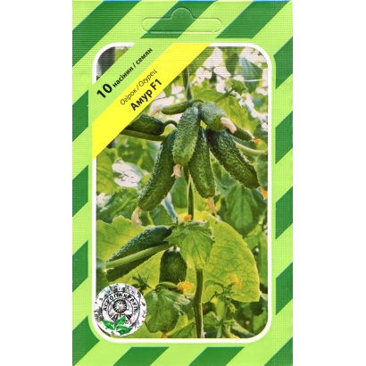 Пакет семян огурца Амур F1 с изображением плодов на растении