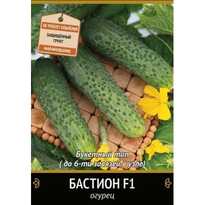 Bastion F1 cucumbers in a woven basket with yellow flowers