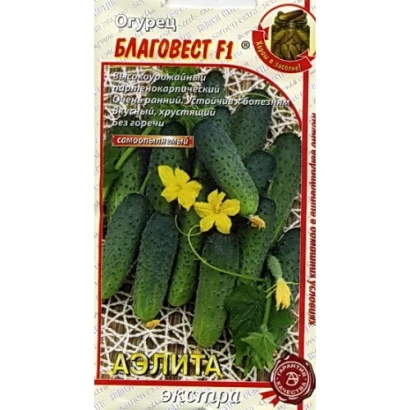 Пакет семян огурца Благовест F1 с изображением плодов и цветков
