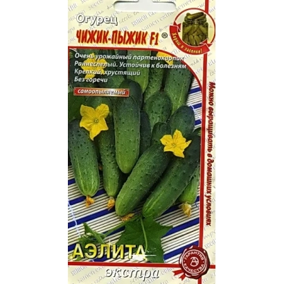 Seed packet of cucumber CHIK-PYJIK F1 with image of green cucumbers and yellow flowers.