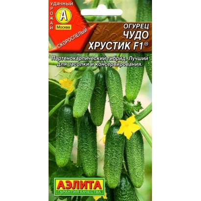 Пакет семян огурца ЧУДО ХРУСТИК с изображением плодов и цветка