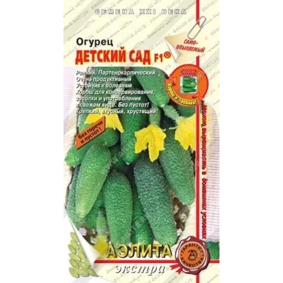 Seed packet for cucumber variety Children's Garden showing green cucumbers and a flower