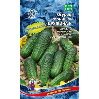 Семена огурца Дружина на синем фоне с изображением огурцов