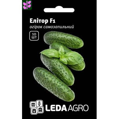 Пакет семян огурца Елитор F1 с изображением зеленых огурцов и логотипом LEDA AGRO
