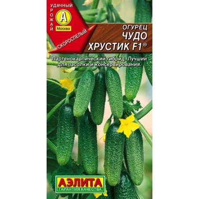 Пакет семян огурца ХРУСТИК F1 с изображением зеленых огурцов и желтого цветка.