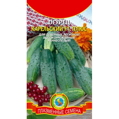 Пакет семян огурца «Карельский Плюс» с изображением зелёных огурцов и ягод.