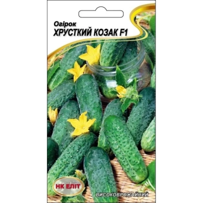 Пакет семян огурца Хрусткий Козак F1 с изображением огурцов и цветков