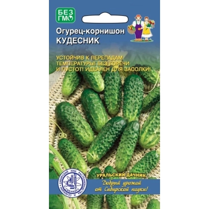 Пакет семян огурца Кудесник с изображением зеленых огурцов