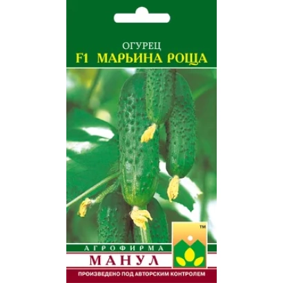 Семена огурца F1 Марьина роща на зеленом фоне с изображением плодов