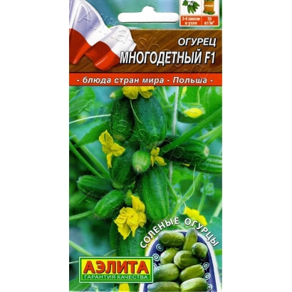 Пакет семян огурца Многодетный F1 с изображением плодов и цветов