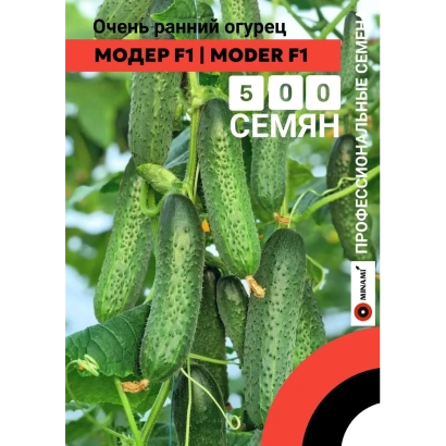 Пакет семян огурца МОДЕР F1 с изображением плодов на фоне листьев