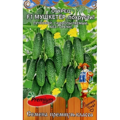 Пакет насіння огірка F1 МУШКЕТЕР з зображенням зелених огірків та логотипом Premium