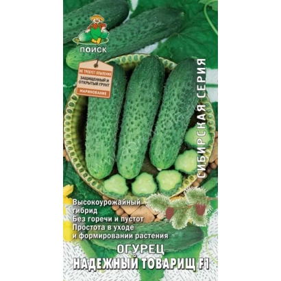 Пакет семян огурца Надежный товарищ с изображением зеленых огурцов