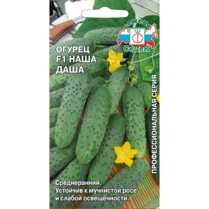 Пакет семян огурца F1 Наша Даша с изображением зеленых огурцов и желтых цветов