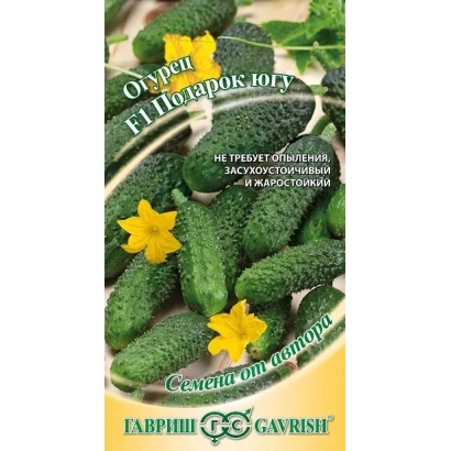 Пакет насіння огірка ПОДАРУНОК ПІВДЕНЮ з зображенням огірків та квітів