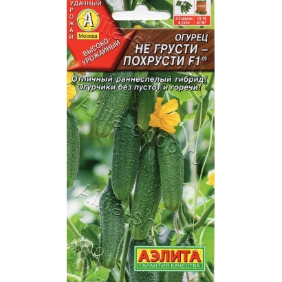 Насіння огірка сорту ПОХРУСТИ на упаковці з зображенням плодів та квітки.
