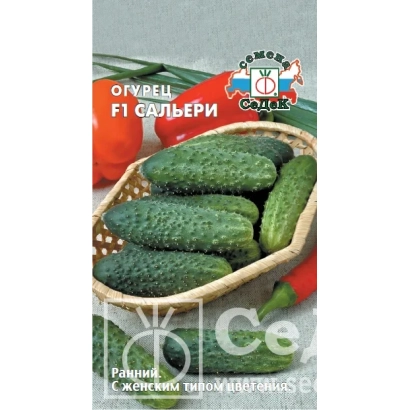 Насіння огірка сорту Сальєрі в упаковці з зображенням огірків