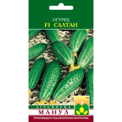 Пакет насіння огірка Салтан F1 на фоні грядки