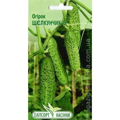 Пакет семян огурца Щелкунчик на фоне огурцов