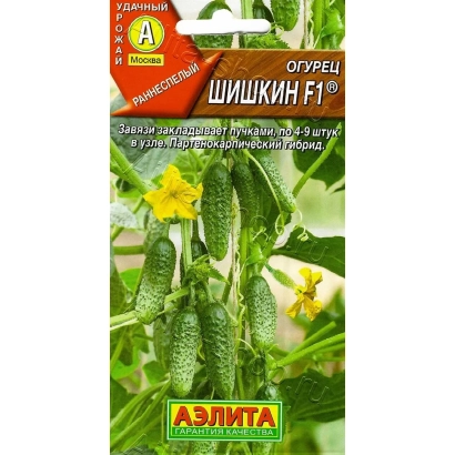 Пакет насіння огіроча ШИШКІН F1 на фоні зелених огірочів