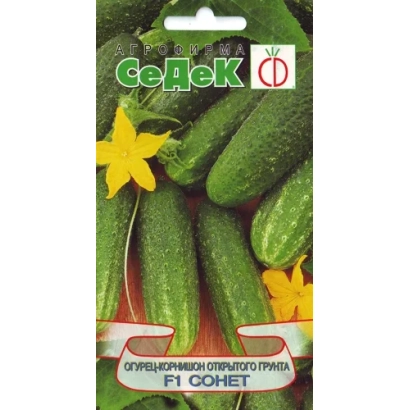 Пакет насіння огірка сорту Сонет з зображенням зелених огірків та жовтих квітів.